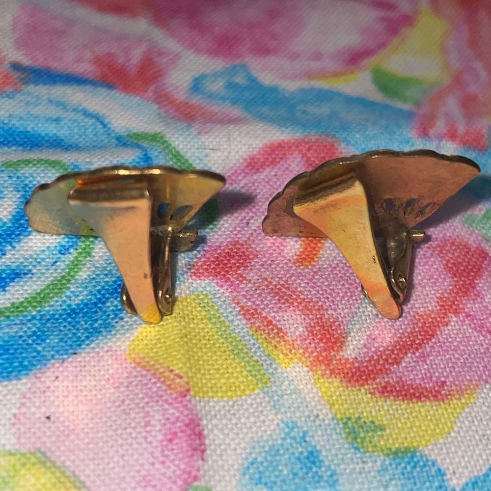 Antique Spanish Damascene vermeil enamel gold‎ tone fan clip on earrings - Picture 5 of 9
